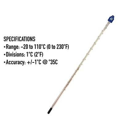 Glass Thermometer -10 to +110C 300 mm for Measuring Water and Liquids