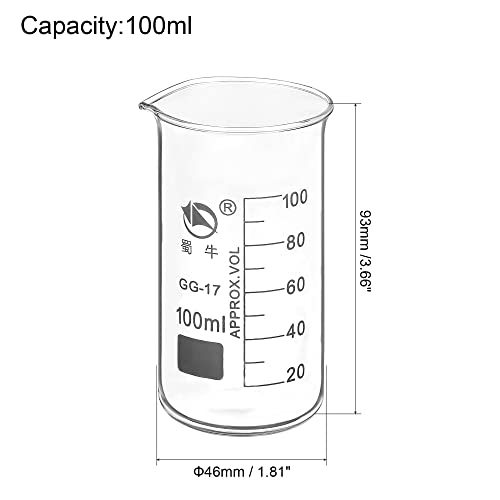 PATIKIL 100ml Tall Form Glass Beaker, 3.3 Borosilicate Glass Graduated Printed Scale Measuring Cups with Spout for Kitchen Lab Liquids Transit Boiling - size: 100ml