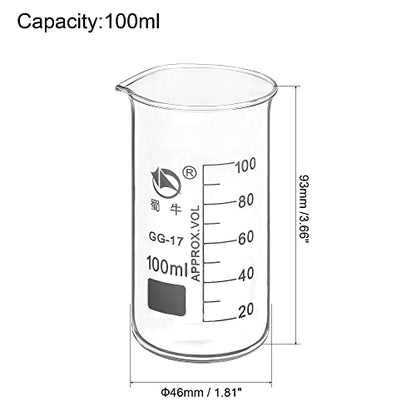 PATIKIL 100ml Tall Form Glass Beaker, 3.3 Borosilicate Glass Graduated Printed Scale Measuring Cups with Spout for Kitchen Lab Liquids Transit Boiling - size: 100ml