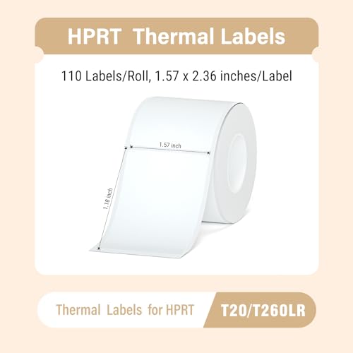 HPRT Thermal Labels, 1.57" x 2.36"(40x60 mm) Waterproof Sticker Paper, Thermal Tape for HPRT T20/T260LR Label Maker, Compatible with Rollo, Phomemo, iDPRT & MUNBYN, 110 Labels/Roll