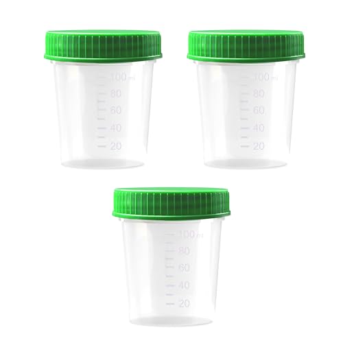 Disposable Specimen Collection Cups with Green Screw Cap – 125 ml | Leakproof Urine Sample Container with Graduated Scale for Lab, Travel, and Personal Use - 3 Pack