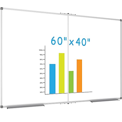 JILoffice Large Foldable White Board 60x40 Inches, Dry Erase Magnetic White Board, Silver Aluminum Frame with 2 Detachable Marker Tray Wall Mounted Board for Office Home and School - size: 60"W x 40"H