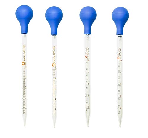4 Pack 5ml 10ml Glass Graduated Dropper Pipettes Lab Dropper Liquid Essential Oil Transfer with Blue Rubber Cap and Scale