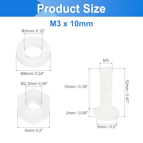 uxcell 300 Pcs/100 Sets Nylon Hex Bolts, M3 x 10mm Plastic Full Threaded Hex Head Screws Bolts and Nuts with Flat Washers for Machinery Electronics Industrial Accessories, White - size: M3 x 10mm