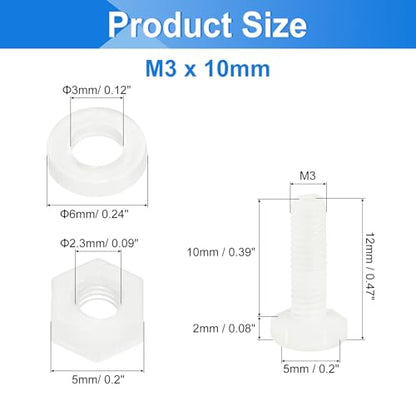 uxcell 300 Pcs/100 Sets Nylon Hex Bolts, M3 x 10mm Plastic Full Threaded Hex Head Screws Bolts and Nuts with Flat Washers for Machinery Electronics Industrial Accessories, White - size: M3 x 10mm