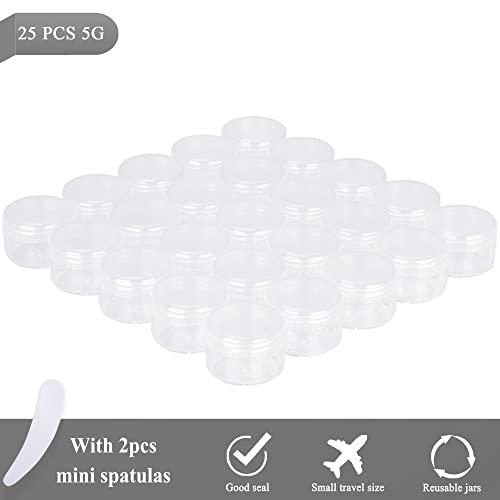 25PCS 5 Gram Sample Containers, 5ml Empty Jars with Lids, Small Cosmetic Containers, Mini Sample Jars with 2PCS Mini Spatulas for Make Up, Oils, Lotion, Powder, Paint, Jewelry, Lip Balms(Clear Lid) - color: Clear, size: 25 Count