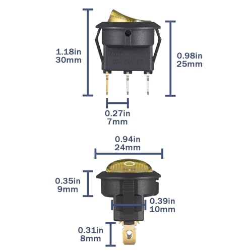 VEXUNGA Round Rocker Switch 12V 20A Yellow Light Iluminated Small Rocker Switch On Off 3 Pin Circle Square Toggles Switches for RV Car Truck Boat (Pack of 5pcs) - style: 5Pcs 3 Pin ON/OFF - Yellow
