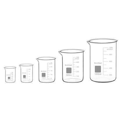 BorinGlass Measuring Beaker Set, (5 Pieces) High Borosilicate Glass Graduated Beakers in 5 Sizes, 50 ml / 100 ml / 250 ml / 500 ml / 1000 ml (1 L)