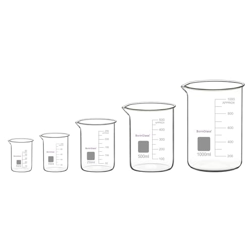 BorinGlass Measuring Beaker Set, (5 Pieces) High Borosilicate Glass Graduated Beakers in 5 Sizes, 50 ml / 100 ml / 250 ml / 500 ml / 1000 ml (1 L)