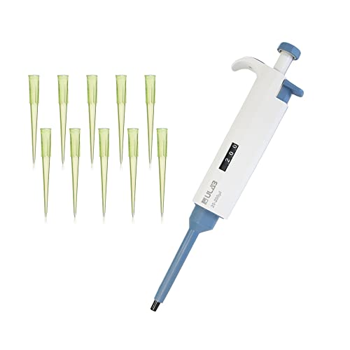 ULAB Single Channel Pipettor with Pipette Tips Offered, 1pc of Adjustable Volume Micro Pipette with Vol.Range.20-200μl, 1000pcs of Vol.200μl Pipette Tips in Yellow Color, ULH1020 - style: 20-200μl & 1000 Tips