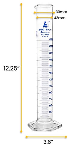 Graduated Cylinder, 250ml - Class A Tolerance ±1.00ml - Hexagonal Base - Blue Graduations - Borosilicate 3.3 Glass - Eisco Labs - size: 250mL