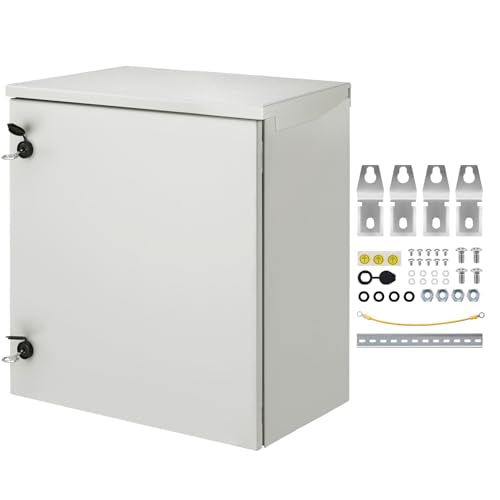 VEVOR Electrical Enclosure, 24'' x 24'' x 12'', NEMA 4 Outdoor Enclosure, IP65 Waterproof & Dustproof Cold-Rolled Carbon Steel Hinged Junction Box for Outdoor Indoor Use, with Rain Hood - size: 24'' x 24'' x 12''