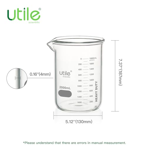 Utile 2000ml Glass Beaker Set, Chemical Glass Beakers, Low Form Borosilicate 3.3 Glass Lab Beaker with Printed Graduation, 4000.2000.1 - style: 2000ml (1pc)