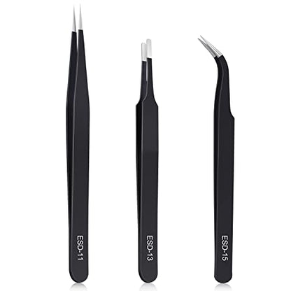 kaverme 3PCS Precision Tweezers Set, Upgraded Anti-Static Stainless Steel