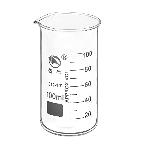 PATIKIL 100ml Tall Form Glass Beaker, 3.3 Borosilicate Glass Graduated Printed Scale Measuring Cups with Spout for Kitchen Lab Liquids Transit Boiling - size: 100ml