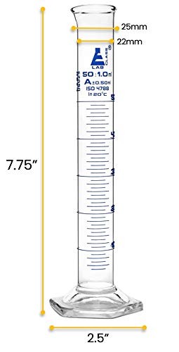 Graduated Cylinder, 50ml - Class A Tolerance ±0.50ml - Hexagonal Base - Blue Graduations - Borosilicate 3.3 Glass - Eisco Labs - size: 50mL