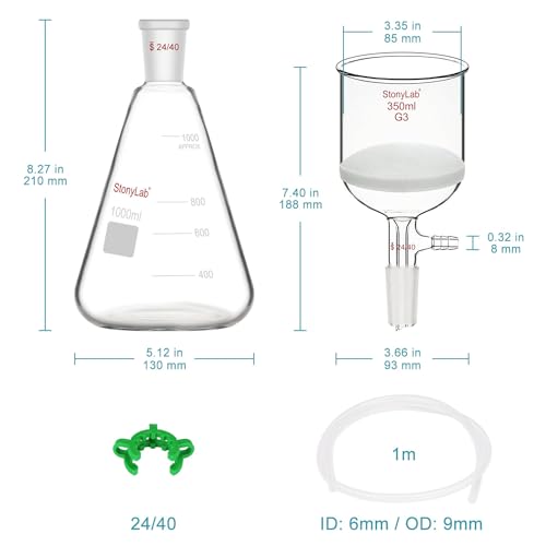 stonylab Buchner Funnel & Flask Set, 350 ml Glass Funnel with 1L Erlenmeyer Flask and Silicone Tubing for Lab Use