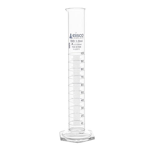 Graduated Cylinder, 100ml - Class A Tolerance ±0.50ml - Hexagonal Base - Blue Graduations - Borosilicate 3.3 Glass - Eisco Labs - size: 100mL
