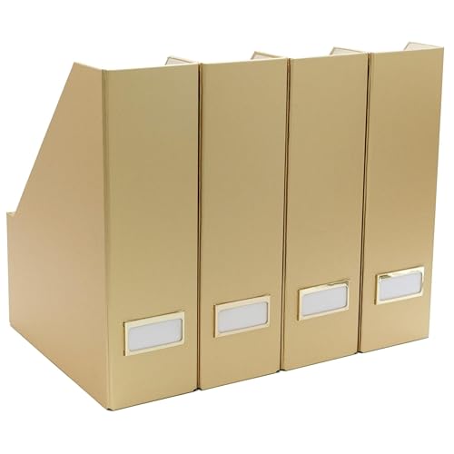 BLU MONACO | Gold Cardboard Magazine File Holder Set of 4 | Vertical Magazine File Holder for Shelves | Standing File Holder Desk Organizer - color: Gold