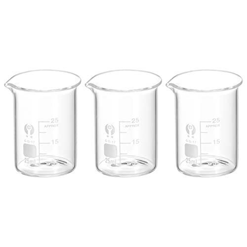 PATIKIL 3Pcs 25ml Low Form Glass Beaker, 3.3 Borosilicate Glass Graduated Printed Scale Measuring Cups with Spout for Kitchen Lab Liquids - size: 25ml