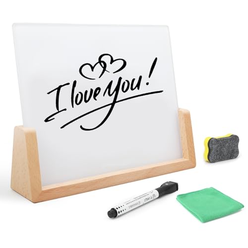 Desktop Glass Whiteboard with Wood Base, Small Whiteboard Glass Dry Erase Board Mini Whiteboard Portable Desk Whiteboard for Home, Office, 6.9x5.86 inch. Accessories Included - color: Beech-white-whiteboard