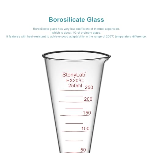 stonylab Graduated Cylinder, 1-Pack Borosilicate Glass Conical Measuring Cylinder Beaker with Wide Mouth and Pour Spout for Precise Measurement, 250 ml - size: 250 ml