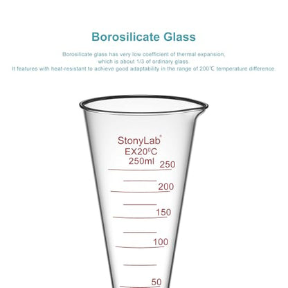 stonylab Graduated Cylinder, 1-Pack Borosilicate Glass Conical Measuring Cylinder Beaker with Wide Mouth and Pour Spout for Precise Measurement, 250 ml - size: 250 ml