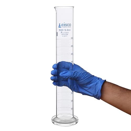 Graduated Cylinder, 500ml - Class A Tolerance ±2.50ml - Round Base - Blue Graduations - Borosilicate 3.3 Glass - Eisco Labs - size: 500mL