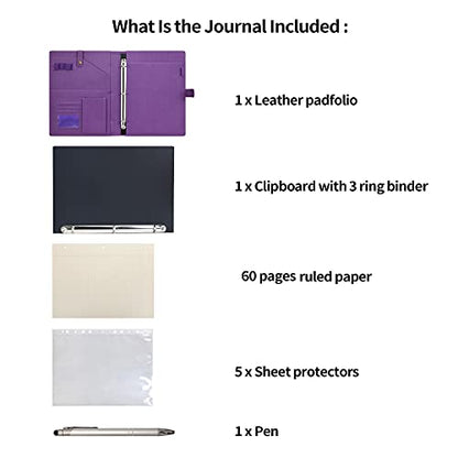 Wonderpool A4 PU Leather Portfolio Holder Ring File Document Case with Removable Binder Clipboard, Multi Pocket and Legal Pad for Business Organizer Interview and Meeting (Purple) - color: Purple