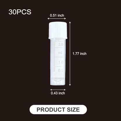 30Pcs 2ml Vial Plastic Small Tubes with Screw Caps Clear Mini Vials with Top Cap for Lab Sample Storage Plastic Test Tubes for Laboratory School Art and Educational Use