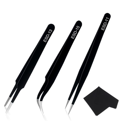 Precision Tweezers Set, 3 Pcs Upgraded Stainless Steel Anti-Static ESD Tweezers with Cleaning Cloth, for Craft, Electronic, Soldering, Model, Hobby, Jewelry Making, Laboratory Work, DIY