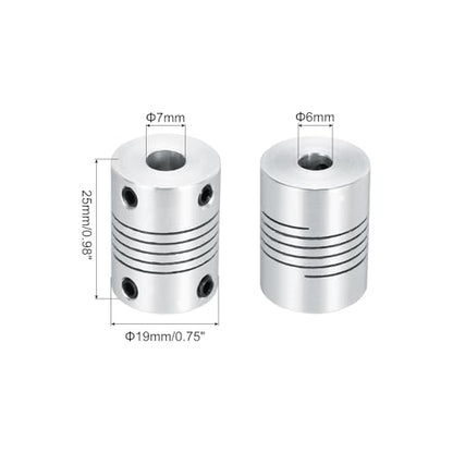 uxcell 2Pcs 6mm to 7mm Aluminum Alloy Shaft Coupling L25xD19 Flexible Coupler Beam for 3D Printer CNC Machine Encoders and Motors Shaft,Silver - size: 6mm to 7mm