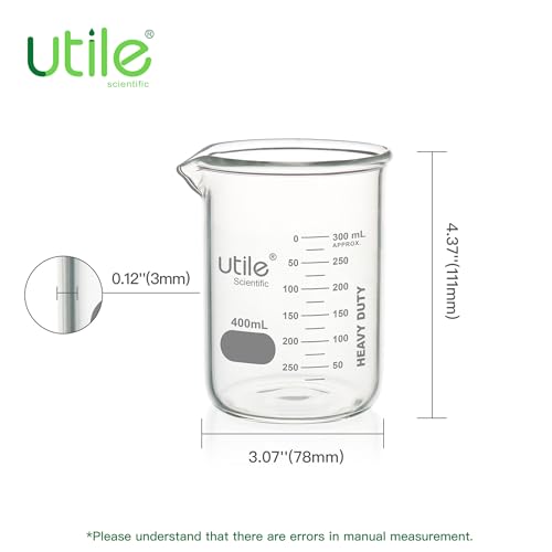 Utile 400ml Beaker Set, 12pcs of 13.5oz Upgraded Thickening Grass Beakers, Low Form Chemical Lab Beakers, Borosilicate 3.3 Glass with Printed Graduation, 4000.0400.12 - style: 12pcs of Vol.400ml