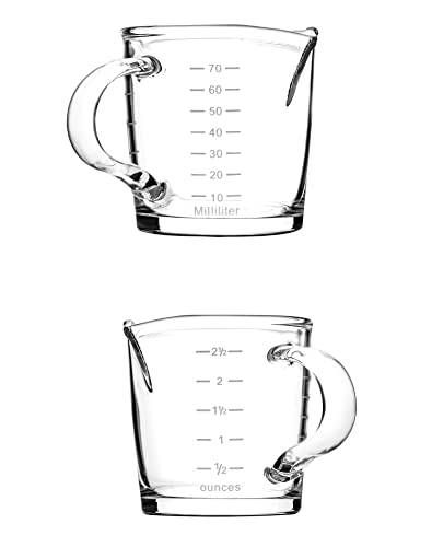 QWORK Espresso Shot Glass with Handle, 2 Pack 3-Ounce Double Spout Glass Measuring Cup Triple Pitcher Milk Cup with Two Scales (OZ&ML)