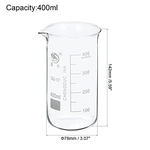 PATIKIL 400ml Tall Form Glass Beaker, 3.3 Borosilicate Glass Graduated Printed Scale Measuring Cups with Spout for Kitchen Lab Liquids Transit Boiling - size: 400ml
