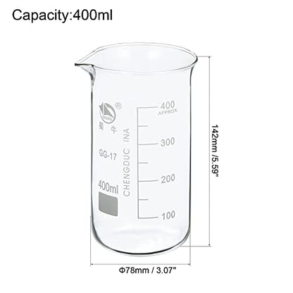 PATIKIL 400ml Tall Form Glass Beaker, 3.3 Borosilicate Glass Graduated Printed Scale Measuring Cups with Spout for Kitchen Lab Liquids Transit Boiling - size: 400ml