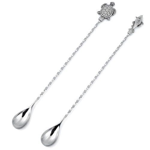 Homestia 12 Inch Bar Spoon, 2 Pcs Cocktail Spoon with Sea Turtle Fish Decor - color: 2PCS Turtle + Fish + Silver