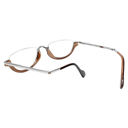 Calabria 309 Compact Folding Reading Glasses Mens Womend Trendy Semi-Rimless Foldable Pocket Readers Eyeglasses w/Hard Case - color: Walnut