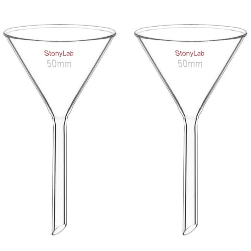 StonyLab 2-Pack Glass Heavy Wall Funnel Borosilicate Glass Funnel, Short Stem 50mm Diameter, 50mm Stem Length - size: D50-L50 mm