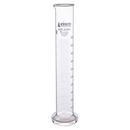 Graduated Cylinder, 500ml - Class A Tolerance ±2.50ml - Round Base - Blue Graduations - Borosilicate 3.3 Glass - Eisco Labs - size: 500mL
