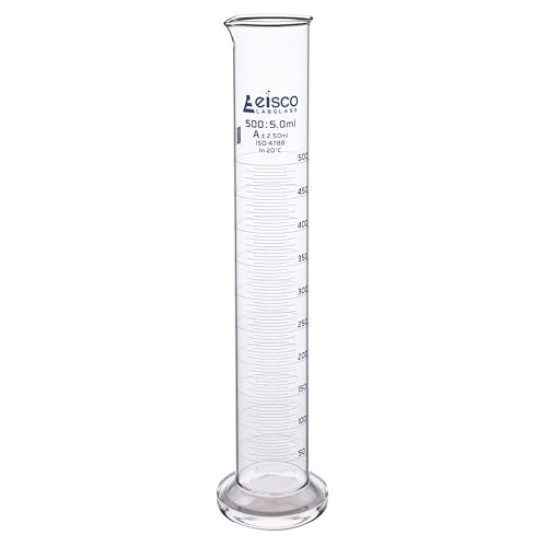 Graduated Cylinder, 500ml - Class A Tolerance ±2.50ml - Round Base - Blue Graduations - Borosilicate 3.3 Glass - Eisco Labs - size: 500mL