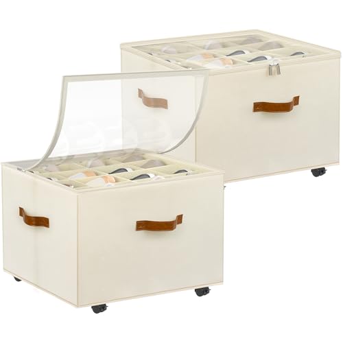 Foyego 2 Pack Shoe Organizer for Closet, Shoe Storage with Wheels, Beige - color: Beige, size: 17"L x 17"W x 12 ½"H-2 Pack