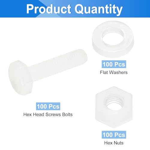 uxcell 300 Pcs/100 Sets Nylon Hex Bolts, M3 x 12mm Plastic Full Threaded Hex Head Screws Bolts and Nuts with Flat Washers for Machinery Electronics Industrial Accessories, White - size: M3 x 12mm