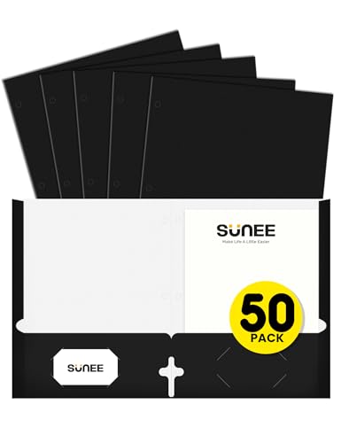 SUNEE Folders with Pockets 3 Hole Punched(50 Pack, Black), 2 Pocket Folders Fit Letter Size Paper, Paper File Folder for School Office Home Business - color: Black