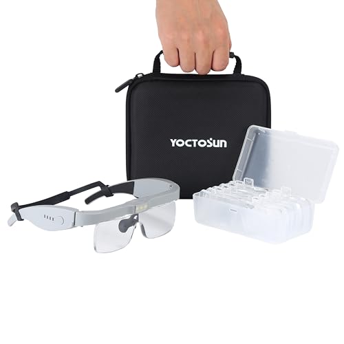 YOCTOSUN Head Magnifier Glasses with 3 LED Lights, Storage Case, Head Strap and 5 Detachable Lenses 0.75X,1.25X,2.0X,3.0X 4.0X, Hands Free Magnifying Glass for Close Work, Hobby & Crafts - color: Gray With Storage Case