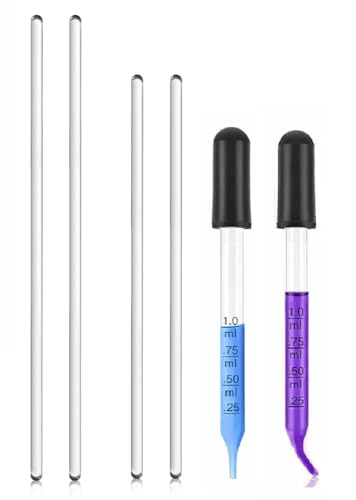4Pcs Glass Stir Sticks Lab Stirring Rod 8"x 2 10"x 2 with Both Ends Round and Glass Graduated Droppers 1 x 4" Straight and 1 x 4" Bent for Science, Lab, Kitchen, Science Education