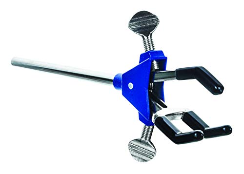 EISCO 3 Finger, Vinyl Coated Dual Adjustable Extension Clamp on Stainless Steel Rod - 2.3" Max Clamp Opening, 5" Rod - Powder Coated Zinc Alloy - Research, Industrial Laboratory Grade
