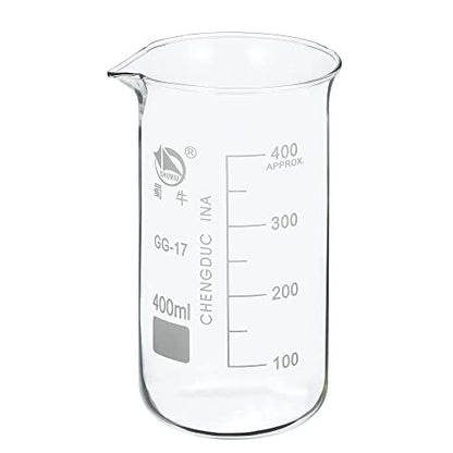 PATIKIL 400ml Tall Form Glass Beaker, 3.3 Borosilicate Glass Graduated Printed Scale Measuring Cups with Spout for Kitchen Lab Liquids Transit Boiling - size: 400ml