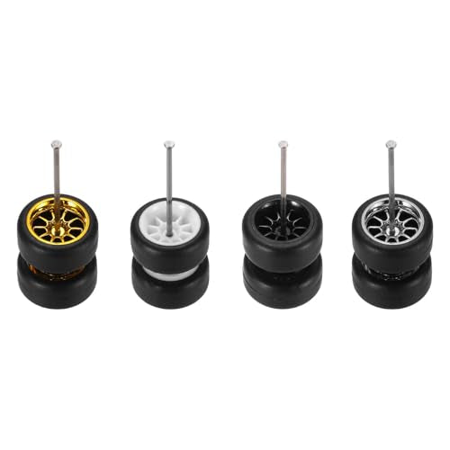 MECCANIXITY 4 Set 1/64 Wheels and Tires Set, Real Riders Rims Includes Axles for RC Diecast Car DIY Model, 10-Spoke Gold Silver Black White Rims 11 x 5.4mm