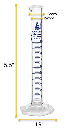 Graduated Cylinder, 10ml - Class A Tolerance ±0.10ml - Hexagonal Base - Blue Graduations - Borosilicate 3.3 Glass - Eisco Labs - size: 10mL